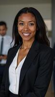 An assertive AfricanAmerican professional in corporate attire amidst coworkers photo