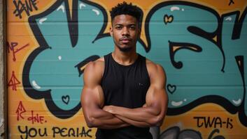 Young man in muscular form poses against graffitied backdrop AfricanAmerican photo