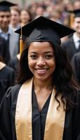 A smiling graduate in a cap and gown with fellow classmates at a commencement ceremony photo