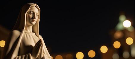 A glowing bokeh background accentuates the iconic Our Lady of Aparecida statue within a serene setting ideal for religious visuals featuring the revered figure photo