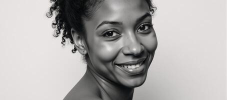 A black African American womans face smiles slightly while looking directly into the camera in a charcoalsketch portrait featuring expressive lines and subtle shading against a neutral white photo