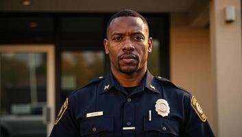 A confident police officer stands outside in an authoritative pose photo