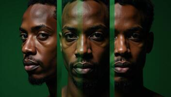 Portrait series featuring abstracted AfricanAmerican male faces in green tones with vertical stripes to convey the concept of dissociative identity disorder photo