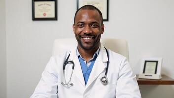 Medical portrait featuring a smiling African American male physician wearing a stethoscope in his office setting photo