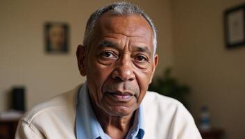 An elderly AfricanAmerican man gazes into the lens within a nursing home setting photo