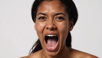 Neuralgenerated headshot of an angry young Black woman yelling fictional photo