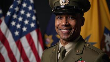 A proud and confident smiling AfricanAmerican veteran depicted in a military uniform Generated photo