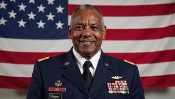 An elderly African American veteran honors Veterans Day before a majestic U photo
