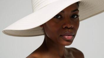 A powerful portrait features a young African American woman in an oversize white hat with strong shadows on her face against a starkwhite background for dramatic effect Minimalist Bold photo