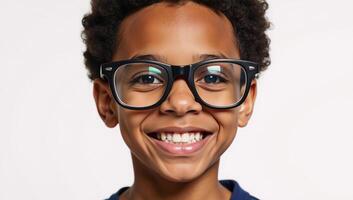 A captivating portrayal of an endearing African American boy with his characteristic large glasses and warm smile against a clean white backdrop photo