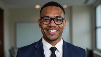 A stylish AfricanAmerican man exudes confidence in formal attire and glasses photo