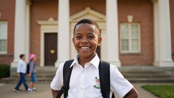 A happy Black student is shown at school with his backpack photo