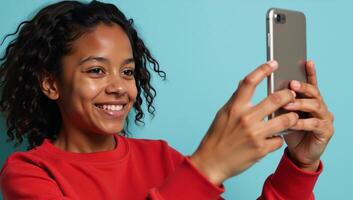 Closeup portrait of an AfricanAmerican girl smiling and posing for selfies in red sweater against a pastel blue backdrop Selfie Mobile Phone African American photo