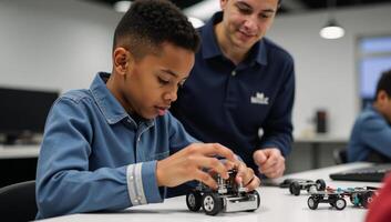 African American boy focuses on constructing robot at hightech STEM workshop with attentive instructor photo