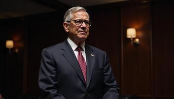 A serious composed AfricanAmerican politician prepares for a public speech dressed in a suit against the backdrop of a dimly lit formal setting photo