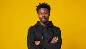 An African American man in an Africanstyle hairdo and a hoodie stands against an isolated sunny yellow backdrop photo