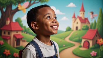 Portrait of an African American boy 7 gazing at fantasy backdrop photo
