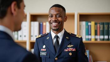 Smiling African American male cadet listens attentively to professor at a military academy photo