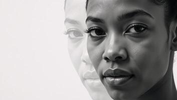 Black African American womans charcoal sketch portrait featuring expressive lines and shading on a neutral white background with copiespace photo