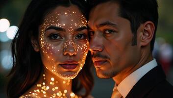 Glowing particle faces African American woman darkhaired man on bokeh backdrop photo