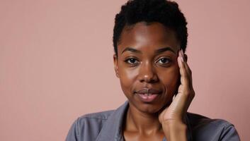 A melancholic 20year old African American woman is depicted feeling left out against a soft pastel light mauve backdrop photo