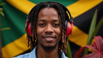 Portrait of African American man in dreadlocks listening to reggae music photo