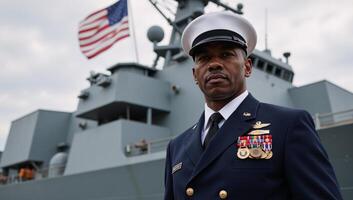 A veteran African American naval officer honors Veterans Day by standing before an American warship and next to the American flag photo