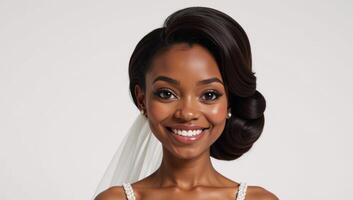 Isolated black wedding Memoji emoji icon with smiling bride rendered on white background photo