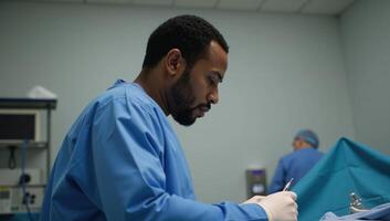 Side view illustration AfricanAmerican surgeon operating in hospital photo