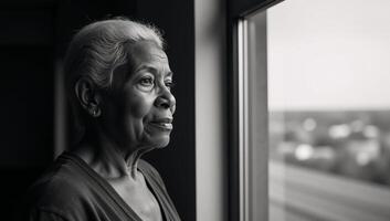 A solitary AfricanAmerican senior woman contemplates from behind a window photo