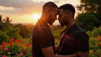An AfricanAmerican gay couple embraces under a golden sunset surrounded by shimmering blue psychic waves and a nature backdrop realism style soft glow warm tones and vibrant blues photo