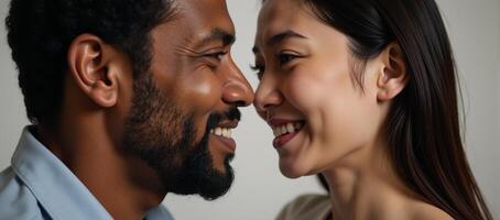 Realistic portrait featuring interracial couple expressing their love and affection photo