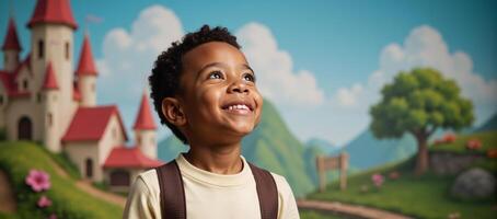 Portrait of an African American boy 7 gazing at fantasy backdrop photo
