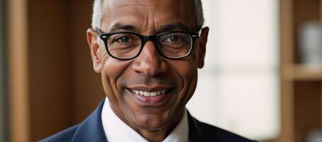 Detailed portrait showcases a senior AfricanAmerican man with glasses and warm smile under natural light photo
