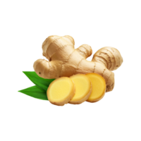 Fresh ginger with slices and green leaf on transparent background png