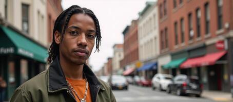 A young African American man stands coolly in a trendy outfit on a bustling city street gazing confidently towards the camera from a low angle photo