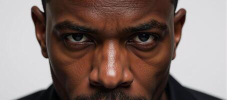 Closeup portrait of an African American man with striking blue eyes and an intense gaze photo