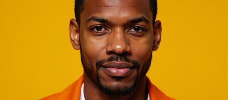 A striking portrait featuring an AfricanAmerican man wearing an orange jacket against a vibrant yellow background photo