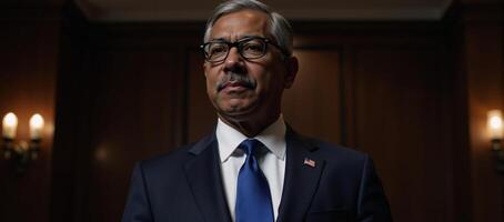 A serious composed AfricanAmerican politician prepares for a public speech dressed in a suit against the backdrop of a dimly lit formal setting photo