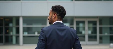 Young African American man in contemporary setting viewed from behind as he gazes into the distance photo