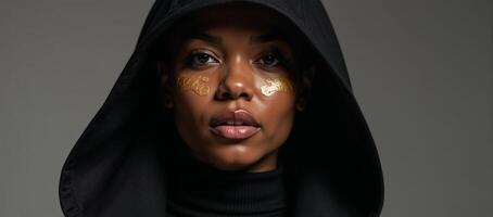 Highly detailed portrait showcases an African American woman wearing a black and gold hood featuring cinematic hyperrealism with golden face paint captured in lowangle shot photo