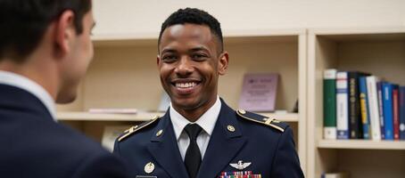 Smiling African American male cadet listens attentively to professor at a military academy photo
