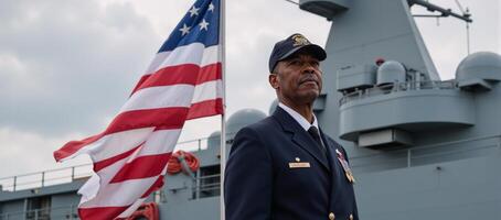 A veteran African American naval officer honors Veterans Day by standing before an American warship and next to the American flag photo