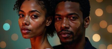 Glowing particle faces African American woman darkhaired man on bokeh backdrop photo
