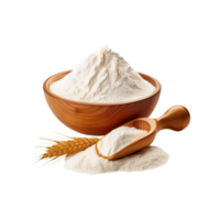 Wooden bowl of flour with wheat branch on transparent background png