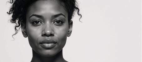 Black African American womans charcoal sketch portrait featuring expressive lines and shading on a neutral white background with copiespace photo