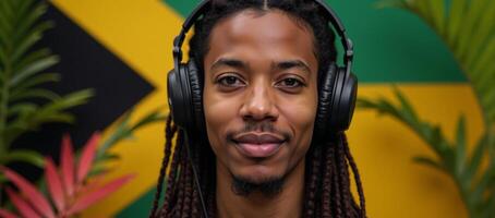 Portrait of African American man in dreadlocks listening to reggae music photo