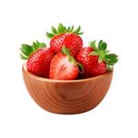 Wooden bowl of red strawberry fruits on transparent background png