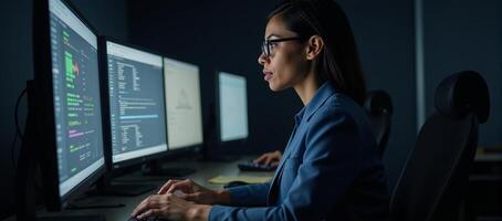 A Black African American Female IT Specialist assesses cybersecurity threats within an information technology setting photo
