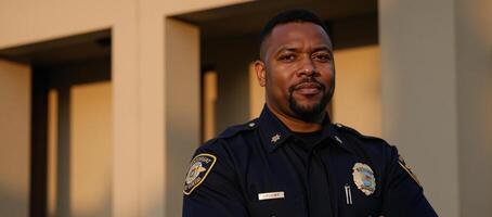 A confident police officer stands outside in an authoritative pose photo